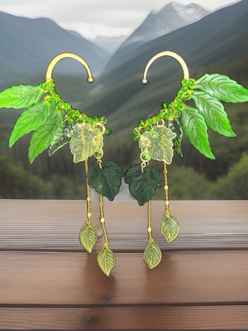 Gold Green Leaf Dangle cuff Earrings - Nature-Inspired handmade